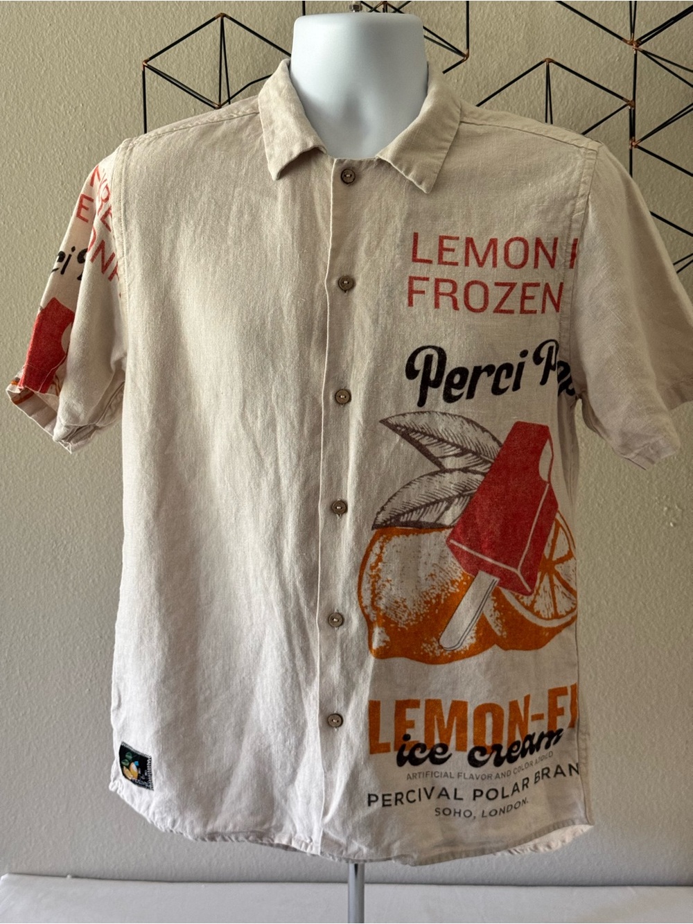 PERCIVAL Cuban Shirt Natural 100% Linen - Frozen Lemon Polar Brand Print - Small